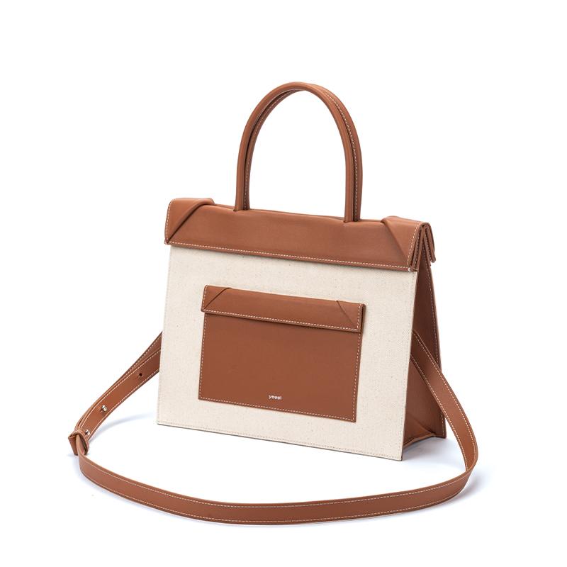 YEE SI Click Tote Canvas & Leather Cross Body Bag - Brown 4